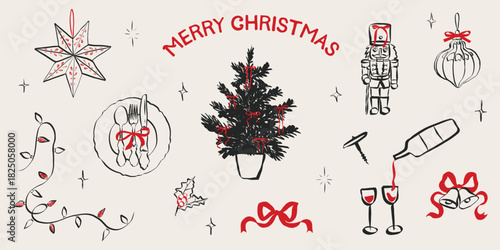 Vintage chalk-style Christmas celebration sketch with festive table, wine glasses, holiday decorations, and charming hand-drawn winter dinner elements. Doodle vector illustration