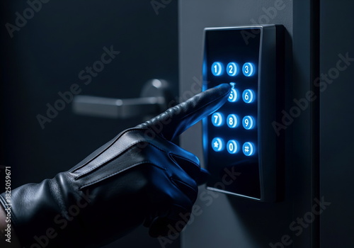 A gloved hand presses a glowing digital keypad to access a secure door, evoking themes of security, crime, and unauthorized entry.