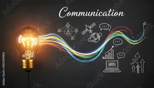 A lightbulb emitting colorful lines representing communication methods and technologies on a dark background.