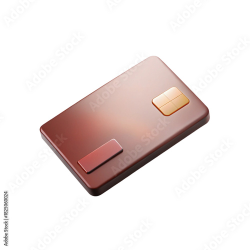 3D glossy brown credit card with rounded corners, metallic gold chip, soft reflections, minimal design, smooth gradients, realistic lighting, isolated on white, no background
