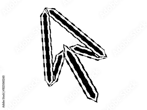 Digital navigation, user interface, technology, web design, computer graphics, media tools. Pixelated black and white cursor arrow with a geometric style. Digital navigation and user interface