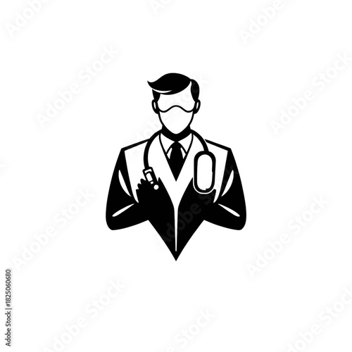 Black and white illustration of a doctor wearing a mask and stethoscope, medical professional.