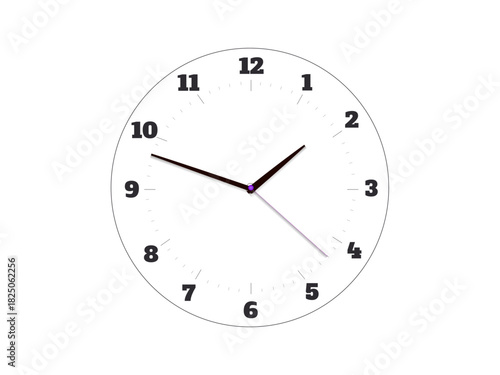 Time management, punctuality, scheduling, clock design, simplicity, productivity. Minimalist wall clock with black numbers and sleek hands on a white background. Time management and punctuality