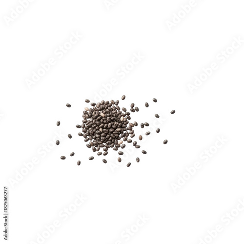 Chia seeds scattered black tiny grains isolated on white
