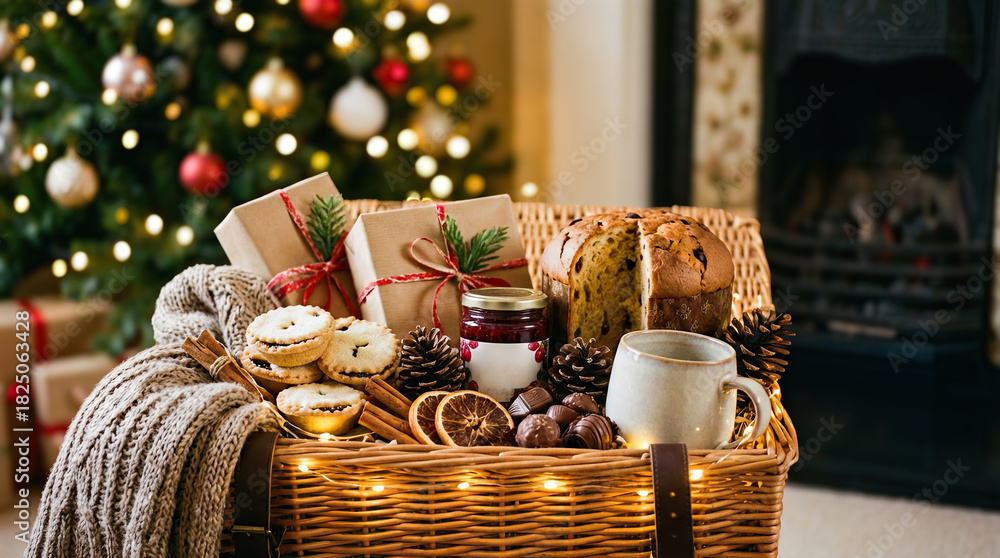 Fototapeta premium A festive christmas gift basket filled with delicious treats and presents, adorned with a cozy blanket, against a twinkling holiday background