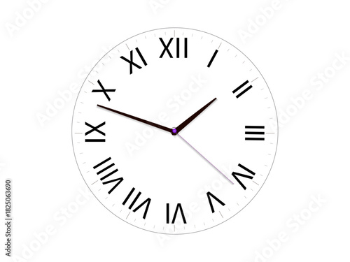 Time management, punctuality, office decor, classic design, productivity, scheduling. A white clock face with Roman numerals and thin black hands. Time management and punctuality concept