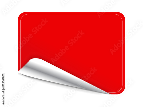 Marketing, advertising, promotion, branding, design, labeling. A bright red rectangular sticker with a curled white corner on a blank white background. Marketing and advertising tool concept