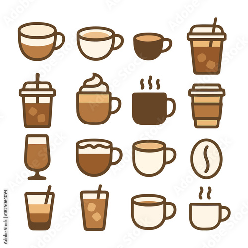 Caffeine Collection: A vibrant assortment of coffee icons. Featuring cappuccino, latte, americano and coffee bean to depict coffee culture.