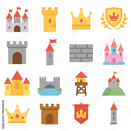 Castle Icon Set: An assortment of vibrantly colored castle illustrations, including majestic towers, ornate crowns, and crests, symbolizing strength, royalty, and historical grandeur. 