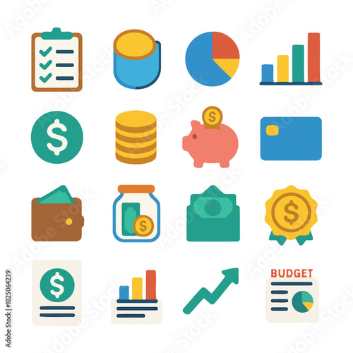 Financial Icons: A vibrant assortment of financial symbols and illustrations, depicting concepts such as budgeting, savings, and investment. A visual representation of financial elements.