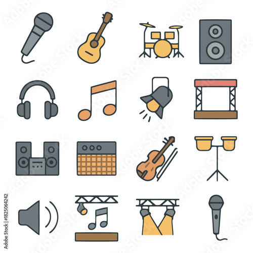 Music Elements Icons Set: A vibrant collection of musical instruments and stage elements, capturing the essence of sound, performance, and the creative spirit of music.