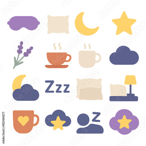 Sleepy Time Collection: An array of delightful icons, each representing elements of rest and relaxation, carefully arranged to capture the essence of a peaceful night.