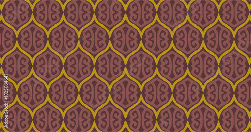 Purple and brown ornamental shield-like shapes arranged in a repeating symmetrical decorative pattern.