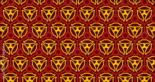 Golden triangular knot shapes on a deep red background, forming a bold decorative seamless pattern.