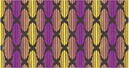Vertical geometric bars in yellow, purple, and black forming a structured repeating abstract pattern.