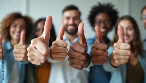 Diverse team gives thumbs up sign. People show agreement and success. They look happy and support each other. This shows unity and good spirit.