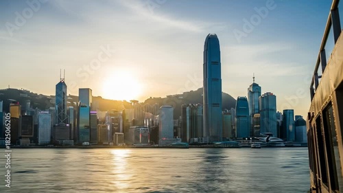 A scenic coastal cityscape at sunset, with numerous skyscrapers, mountain backdrop, and boat detail