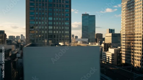 Cityscape with skyscrapers framing a railway track through a dense urban area during daylight