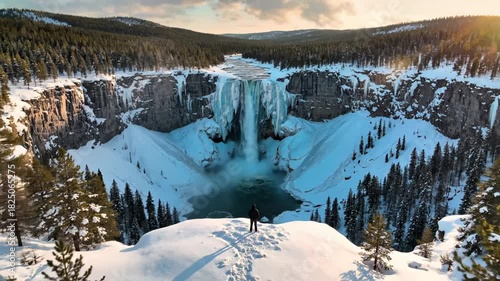 Lone person standing on snowy cliff edge, viewing a majestic frozen waterfall and pine forest for winter exploration concept and nature's power