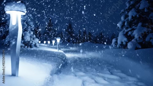 Enchanting snowy path with guiding lights and falling snow in a tranquil winter forest at night for a peaceful journey concept