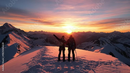Two mountaineers standing on a snowy mountain ridge at sunrise, pointing towards the horizon for achievement concept and future goals
