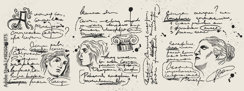 Handwriting text notes. Grunge retro paper with dirty splash, abstract pen scribble calligraphy, diary entries and vintage drawings. Outline vector illustration collection