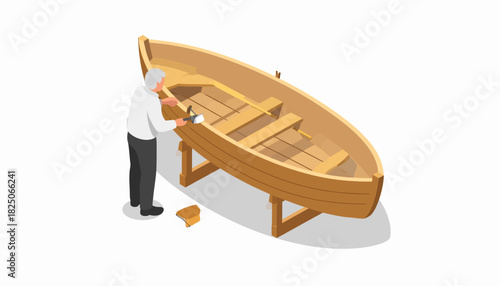 Isometric illustration of elderly man crafting and repairing a wooden boat