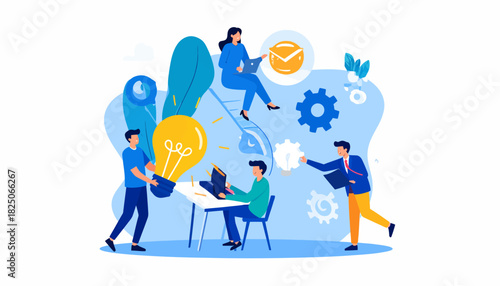 Business team collaborating on innovation and creative project development with giant light bulb