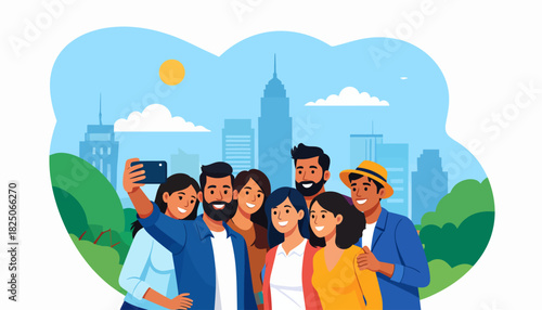 Diverse group of happy friends taking a selfie together with a vibrant city skyline and green park in the background.