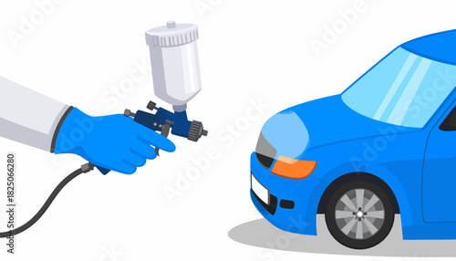 Car painting service with professional spray gun coating a blue vehicle
