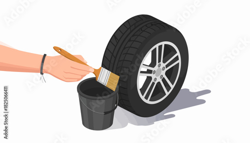 Hand applying tire dressing to a car tire with a brush and bucket. Automotive wheel detailing and vehicle maintenance.