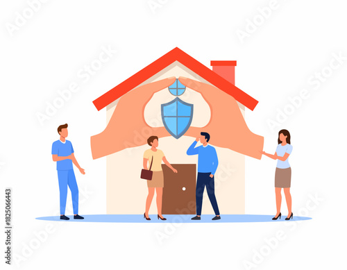 Home Insurance Concept: Hands Protecting House with Shield, People Discussing Real Estate