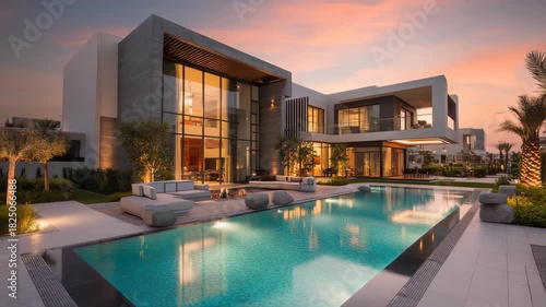 modern luxury villa with pool and garden, Dubai architecture, warm sunset tones, clean landscaping, cinematic shot