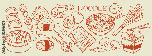Delicious asian cuisine set. Hand drawn doodle icons of noodles, ramen, sushi, shrimp, and onigiri. Design elements for restaurant menu. Outline vector illustration collection