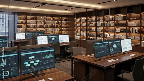 A modern office space, showcasing multiple computer displays with data visualizations, and bookshelves