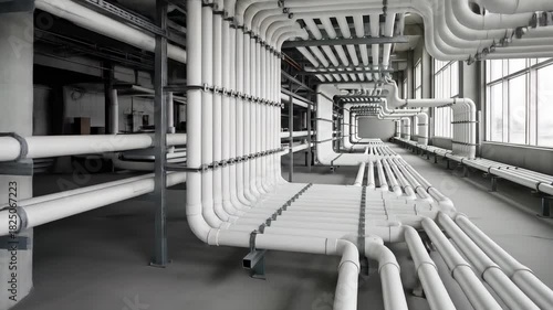 An industrial setting showing a complex arrangement of white pipes along the ceiling and walls