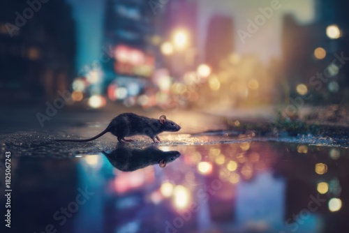 Fototapeta Naklejka Na Ścianę i Meble -  Rat exploring wet urban street at night, atmospheric low light digital art