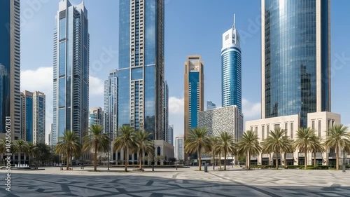 Modern city landscape with high-rise buildings and palm trees under a blue sky