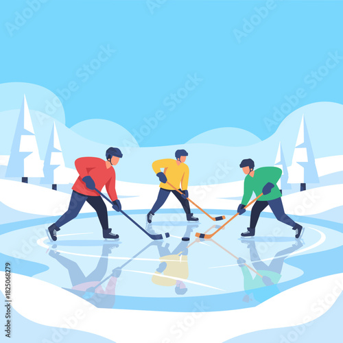 Three friends playing ice hockey on frozen pond with sticks and puck in colorful jackets for winter team sports activity concept against snowy park background with copy space