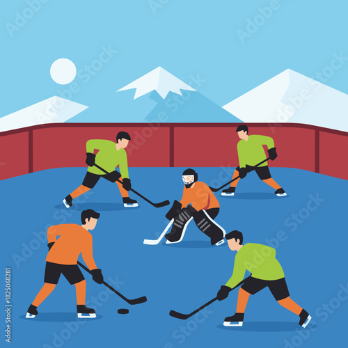 Team of male friends in energetic mood playing ice hockey with sticks and puck against snowy mountain landscape on outdoor rink