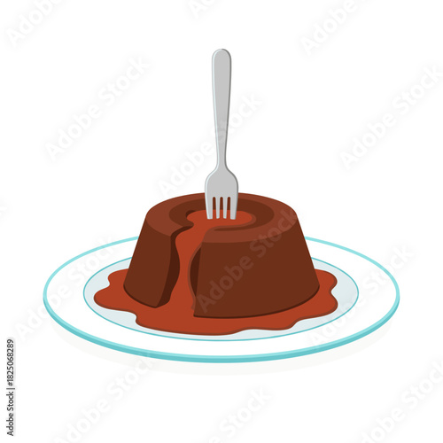 Chocolate lava cake with melted center and fork on white plate representing decadent dessert indulgence in flat vector style