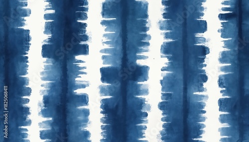 Indigo blue abstract watercolor tie-dye pattern of vertical stripes. Brush strokes create uneven edges and blended color sections. This design is repetitive and can be used as background.