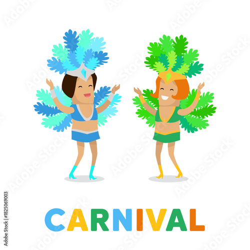 Culture, festivals, celebration, dance, party , tropical traditions. Two cheerful dancers in bright costumes with feather headdresses. Culture and festivals celebration concept
