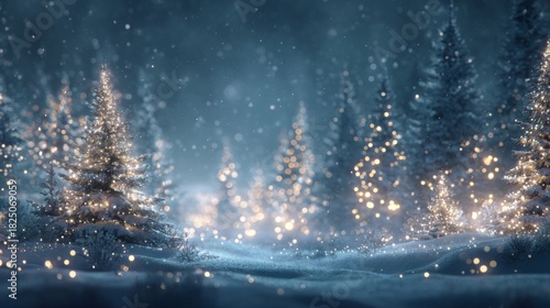 Snowy winter forest with glowing lights creating a magical holiday atmosphere in the evening hours