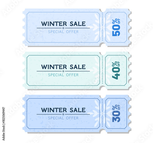 Set of winter sale tickets with frosty textures and snowflake accents. Perfect for seasonal promotions, holiday marketing, special offers, online ads, retail discounts, and festive campaign designs.