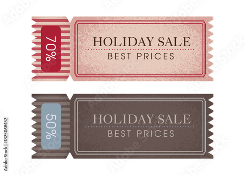 Vintage holiday sale tickets with retro textures, bold typography and decorative borders. Ideal for seasonal promotions, festive marketing, discount events, printable designs and retro-style advertisi