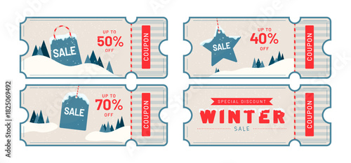 Winter sale coupon set with snowy landscapes, discount tags and festive holiday design. Perfect for seasonal promotions, marketing materials, online shops, printable vouchers and winter advertising.
