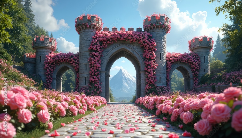 Naklejka premium Stone castle gate covered in pink climbing roses, with multiple towers, archways. Cobblestone path leads through blooming rose gardens. Snow mountain appears beyond main archway under blue sky.
