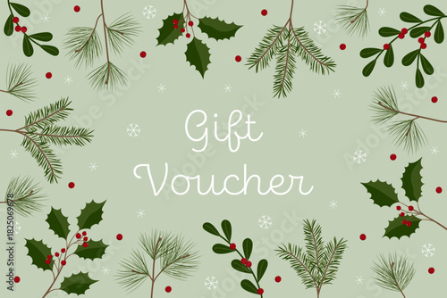 Gift Voucher - Schriftzug in englischer Sprache - Geschenkgutschein . Gutscheinkarte mit Zweigen und Beeren.