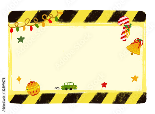 Cute blank empty yellow black striped christmas xmas sticker tag template in under construction sign board hand drawn doodle crayon watercolour kids nursery illustration vector digital sticker clipart
